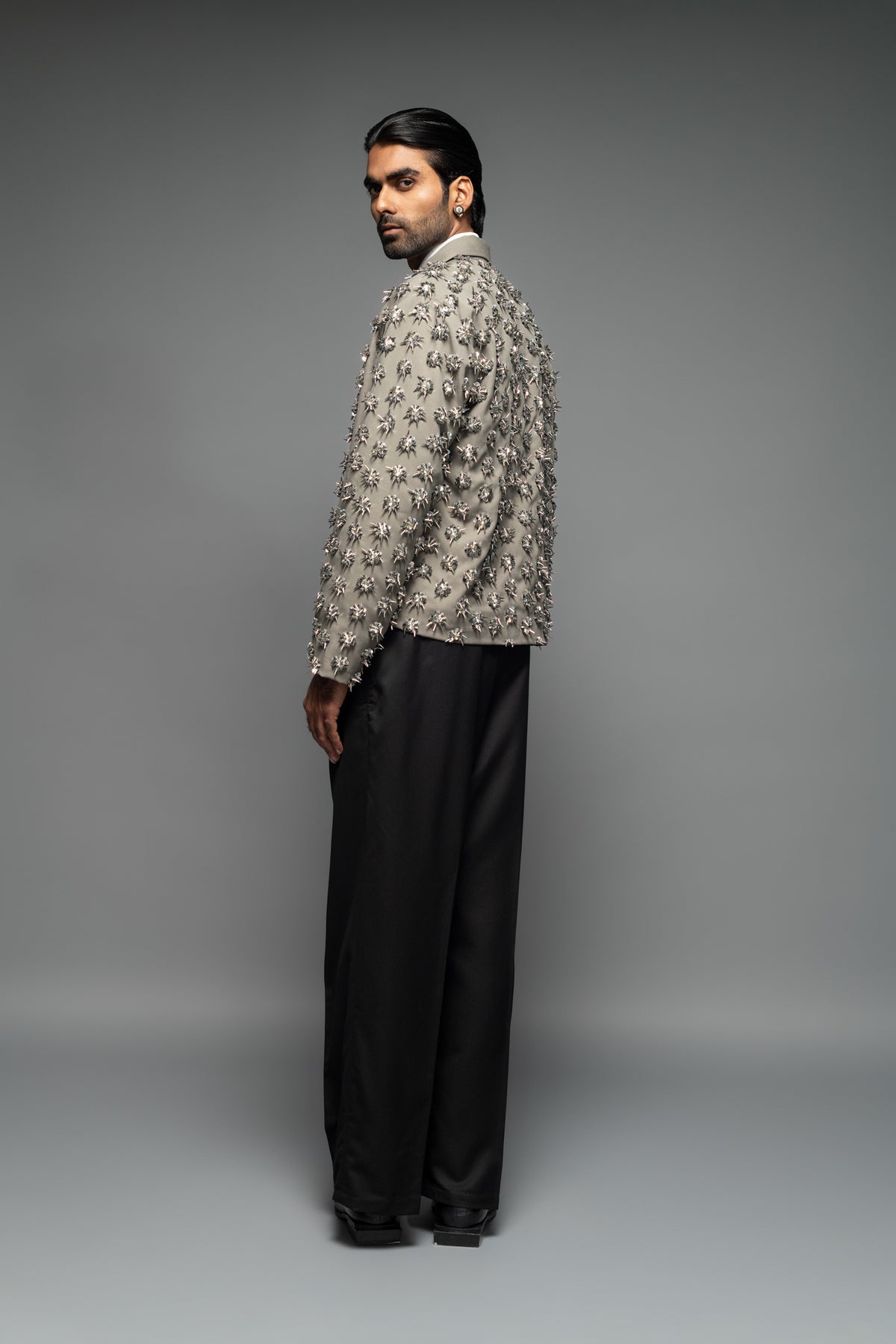 ROSANI The Thor jacket in pearl grey - heavy embellished jacket with all-over hand embroidery and crystal bead detailing, sideback view