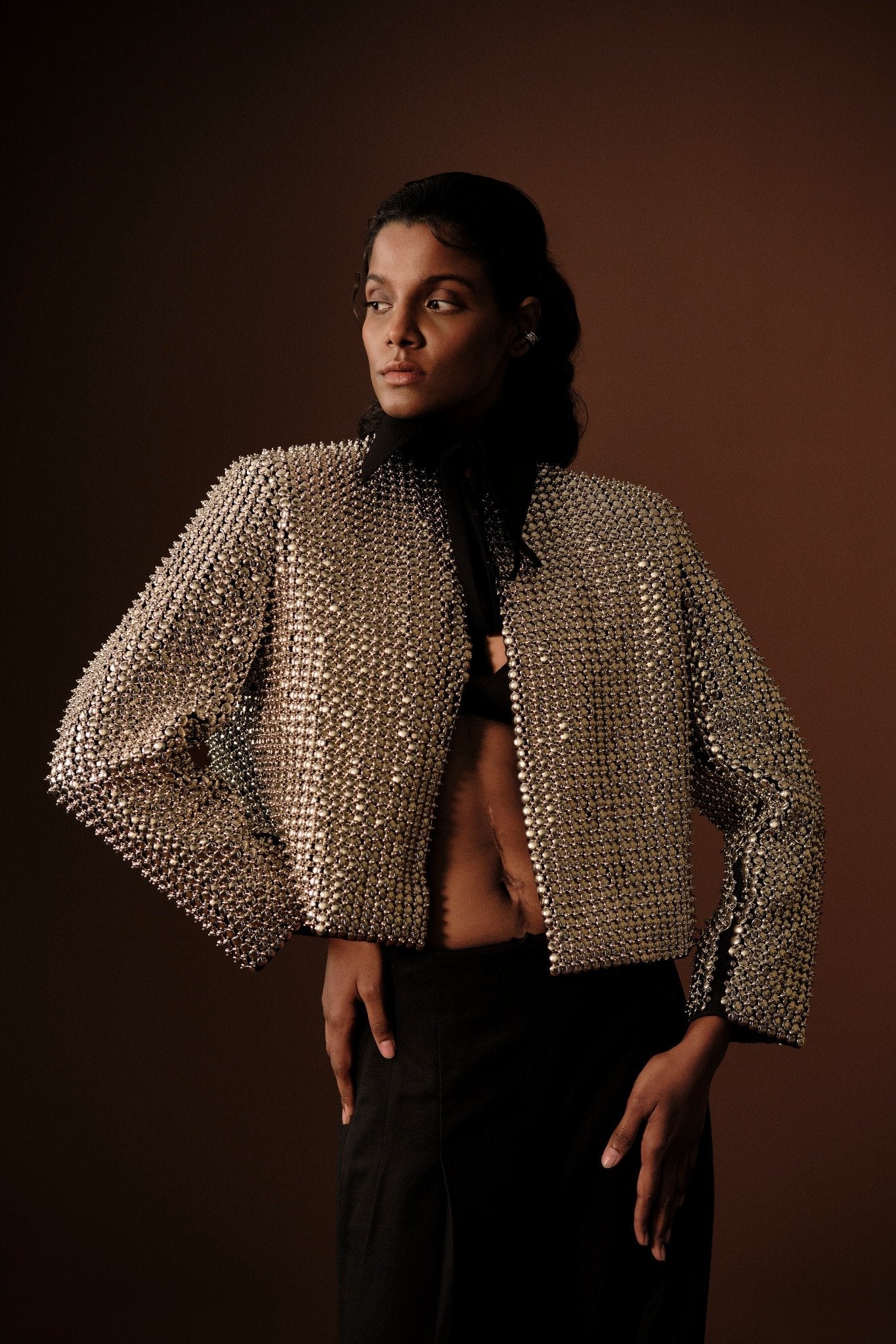 ROSANI The Vault jacket in silver - crystal embellished cropped jacket, editorial full look on brown background