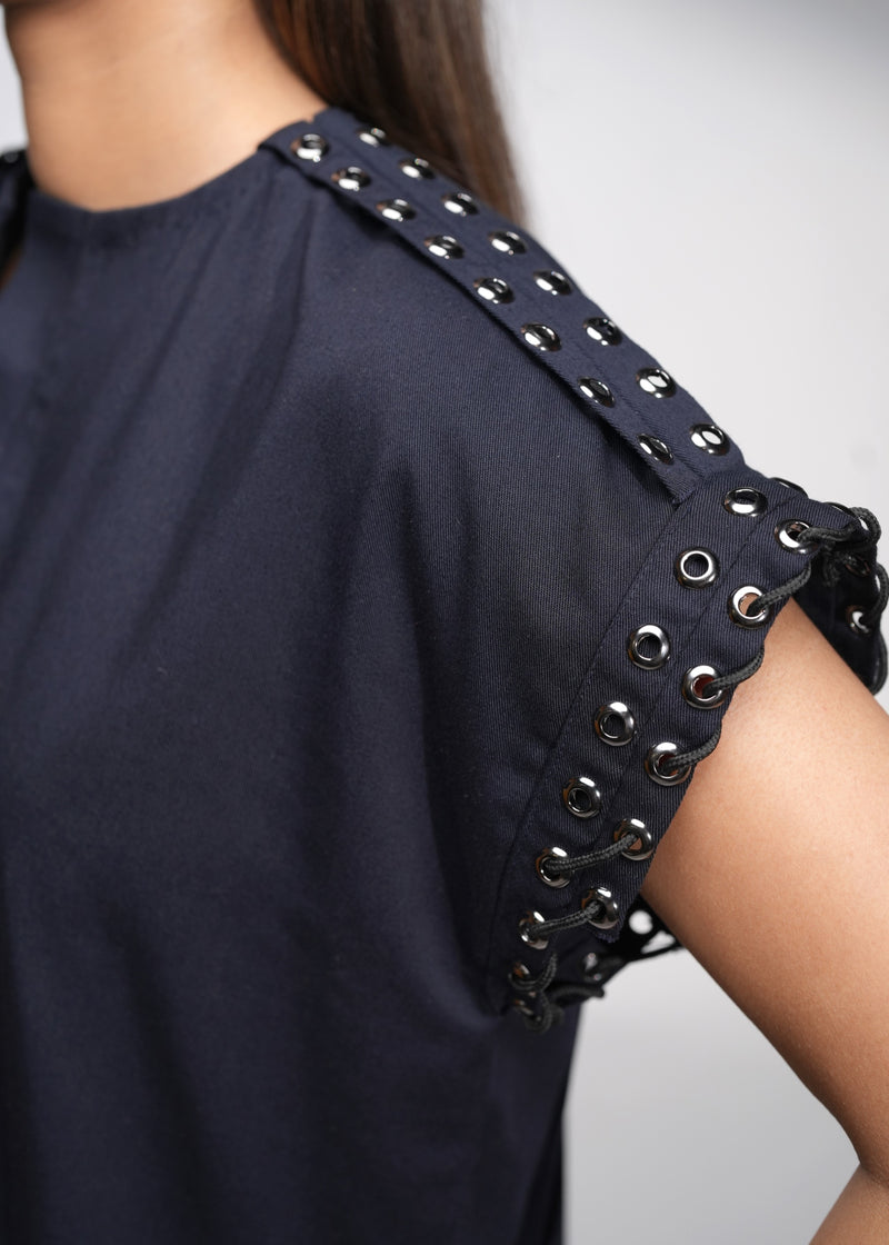 ROSANI The Vestura dress in navy blue - metal eyelet embellishment on sleeve, close-up