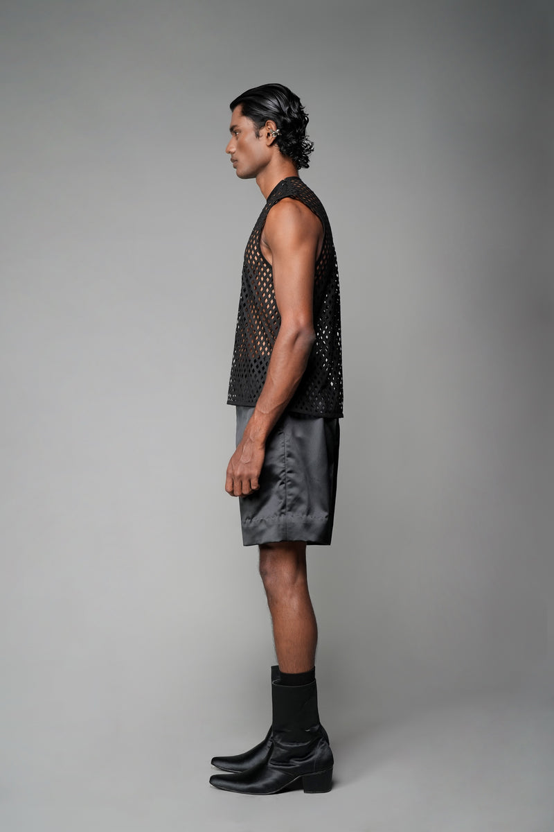 ROSANI The Void t-shirt in black - sleeveless sheer mesh top, side view