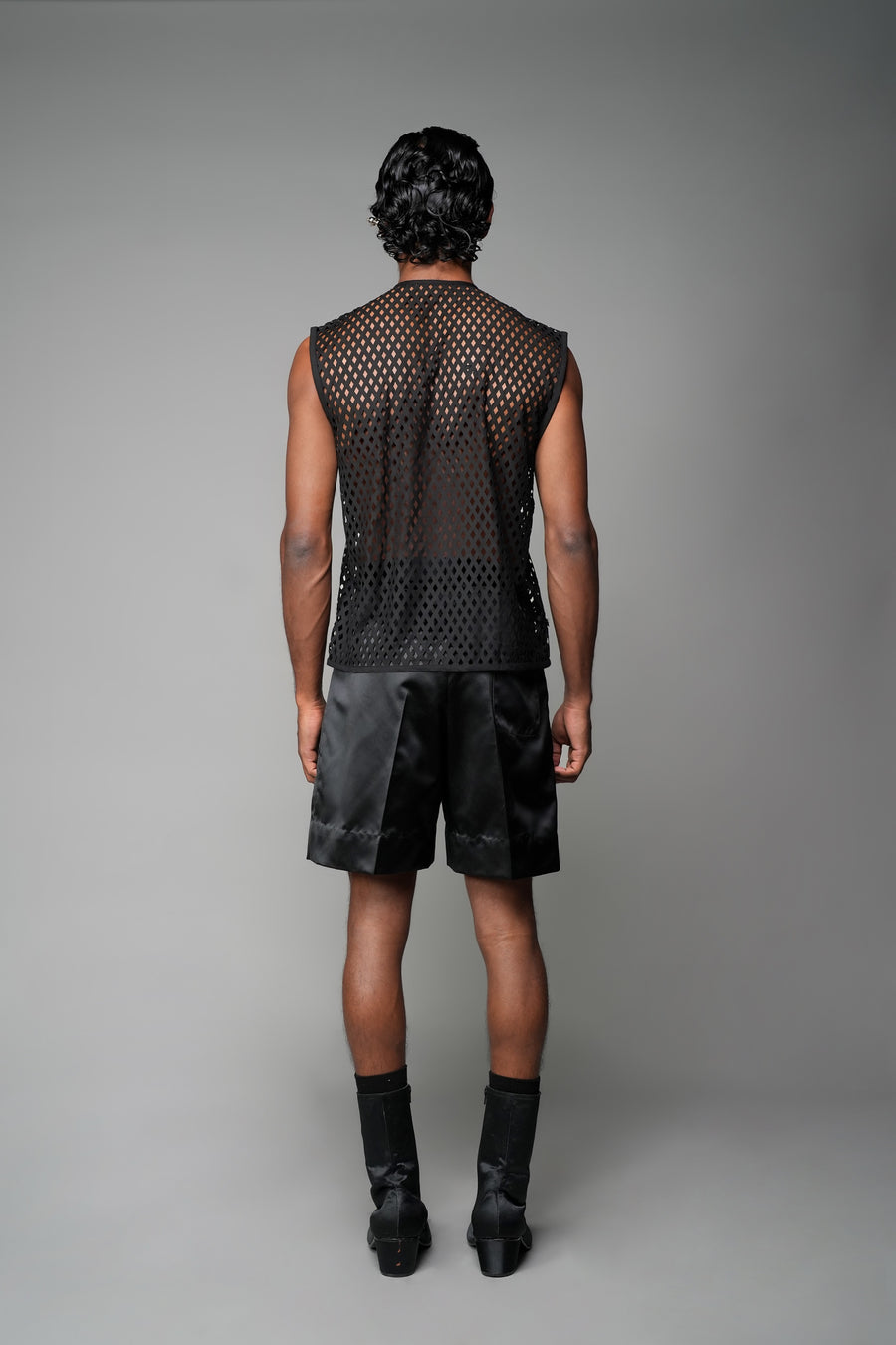 ROSANI The Void t-shirt in black - laser-cut suiting sleeveless vest, back view