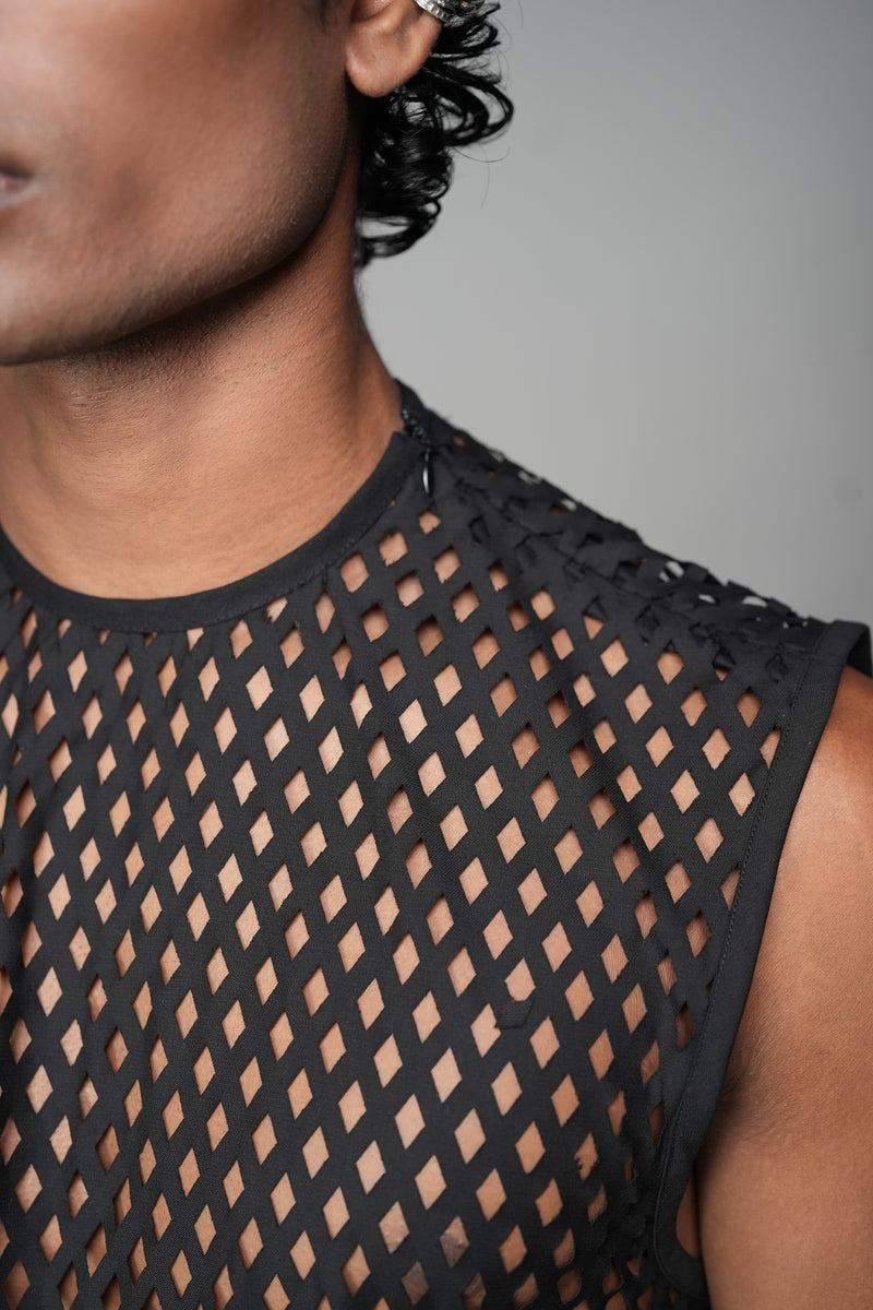 ROSANI The Void t-shirt in black - sleeveless sheer mesh top, close-up showing concealed zip