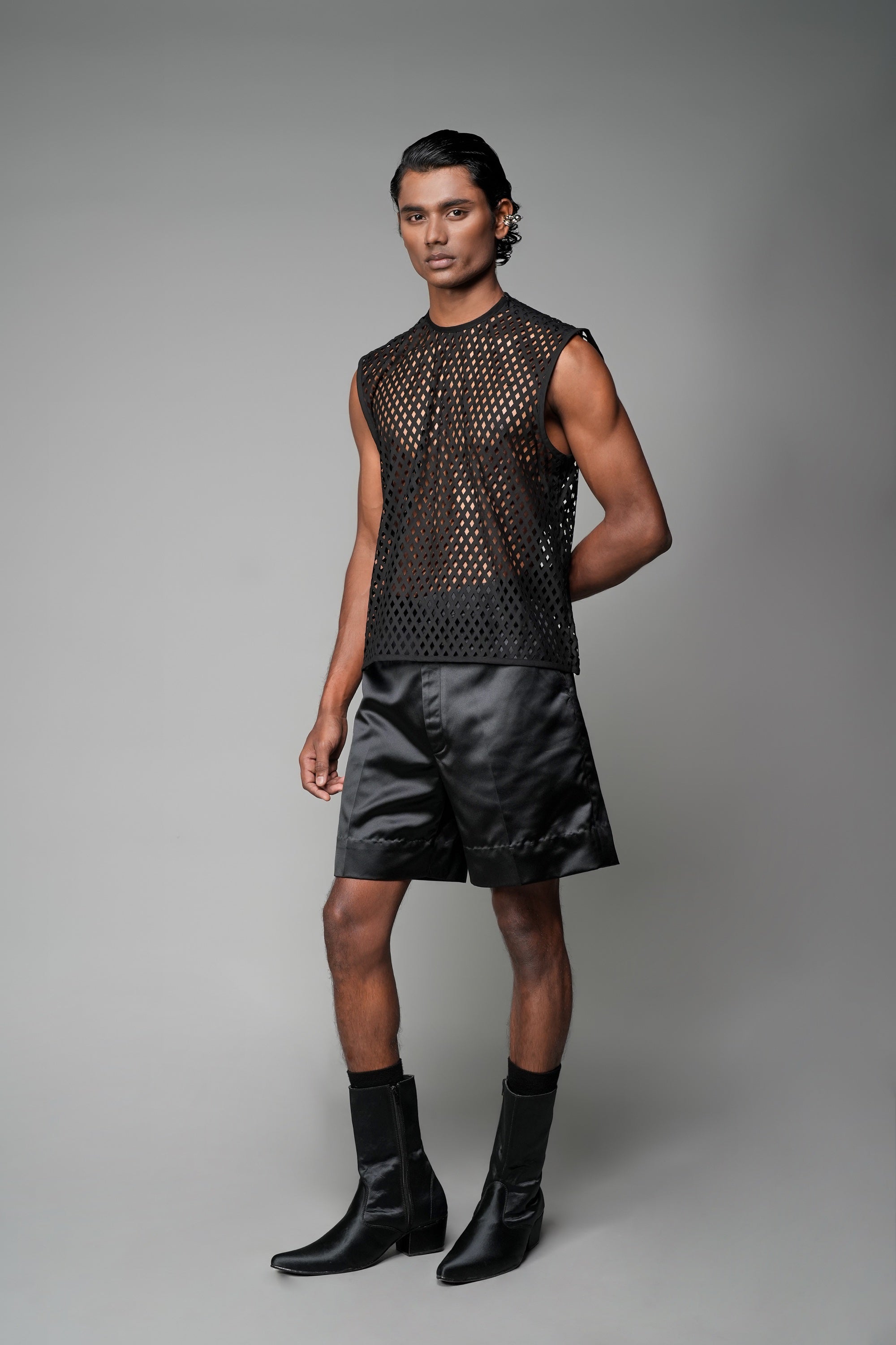 ROSANI The Void t-shirt in black - laser-cut suiting sleeveless vest, front side view