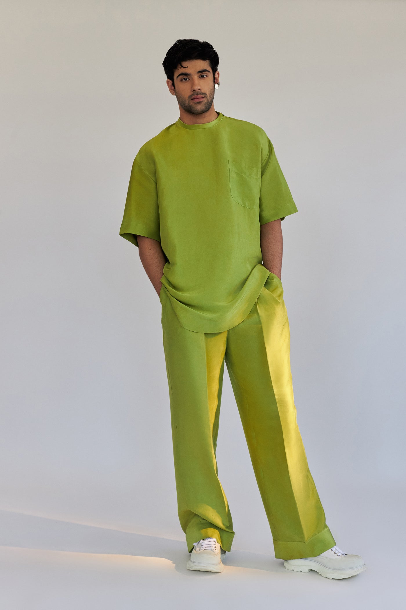 ROSANI The Anto t-shirt in chartreuse, styled view with The Theo trouser.