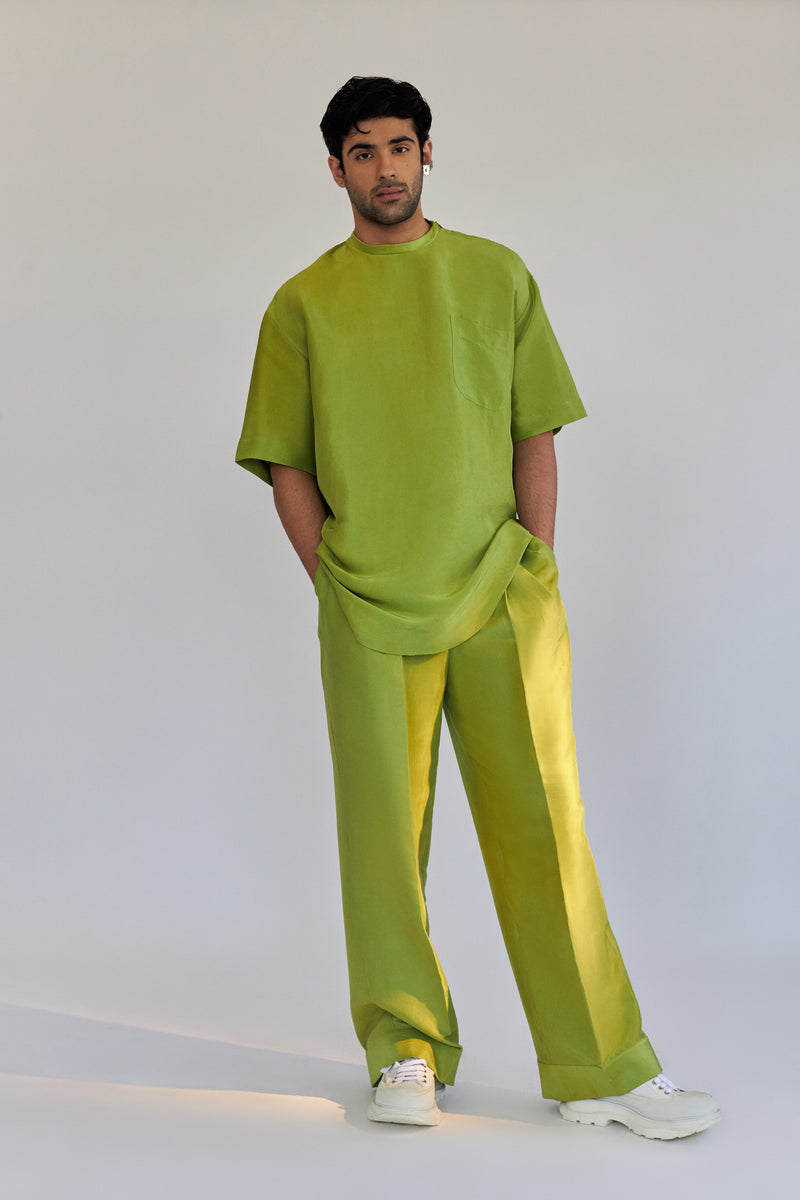 ROSANI The Anto t-shirt in chartreuse, styled view with The Theo trouser.