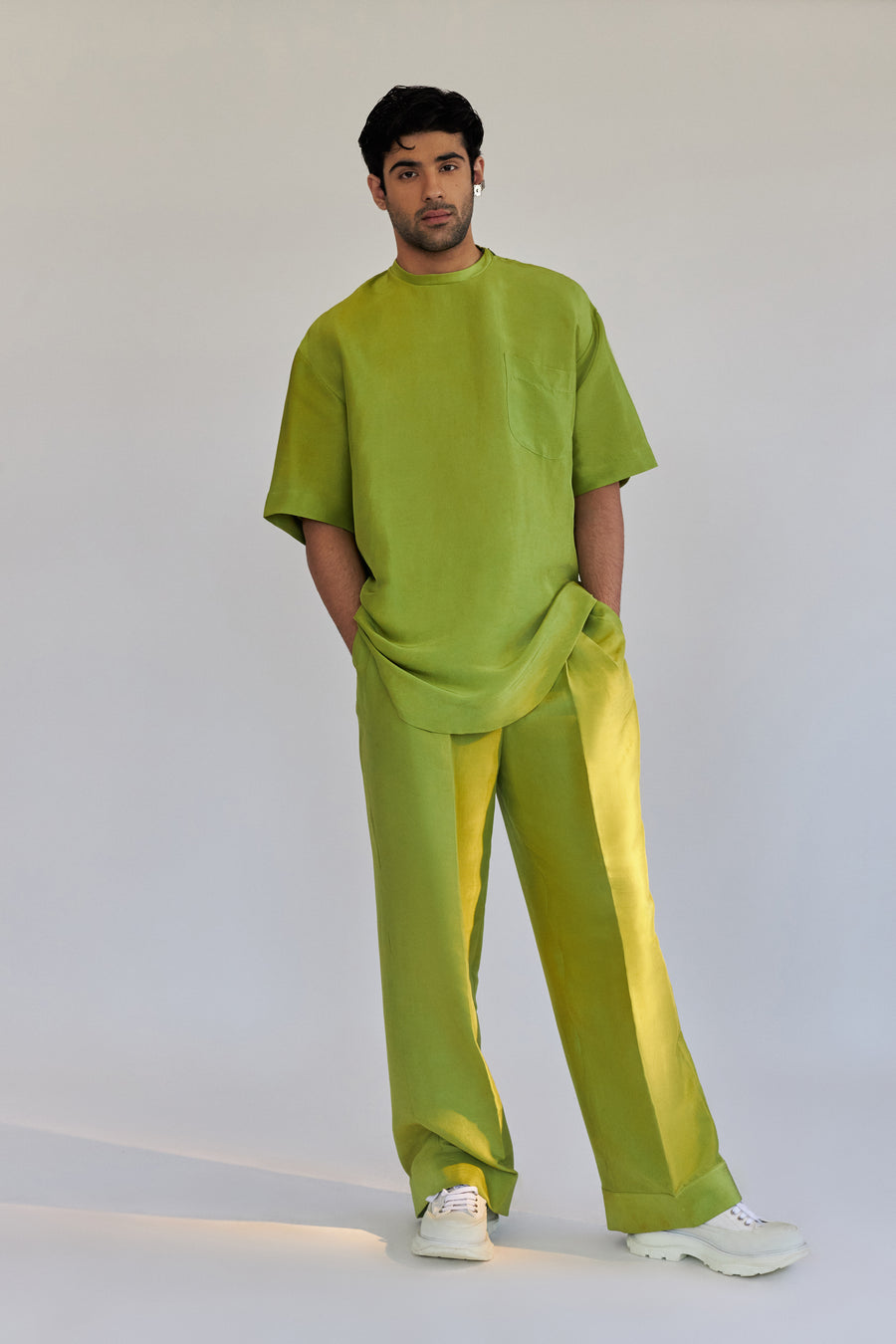 ROSANI The Anto t-shirt in chartreuse, styled view with The Theo trouser.