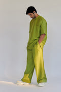 ROSANI The Anto t-shirt in chartreuse, three-quarter view showing silk drape and rounded hem.